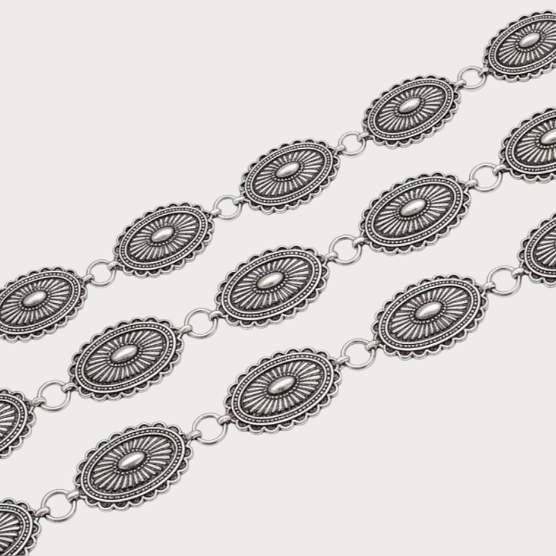 Ceinture chaine Ceintura en métal argenté style vintage avec maillons ovales travaillés