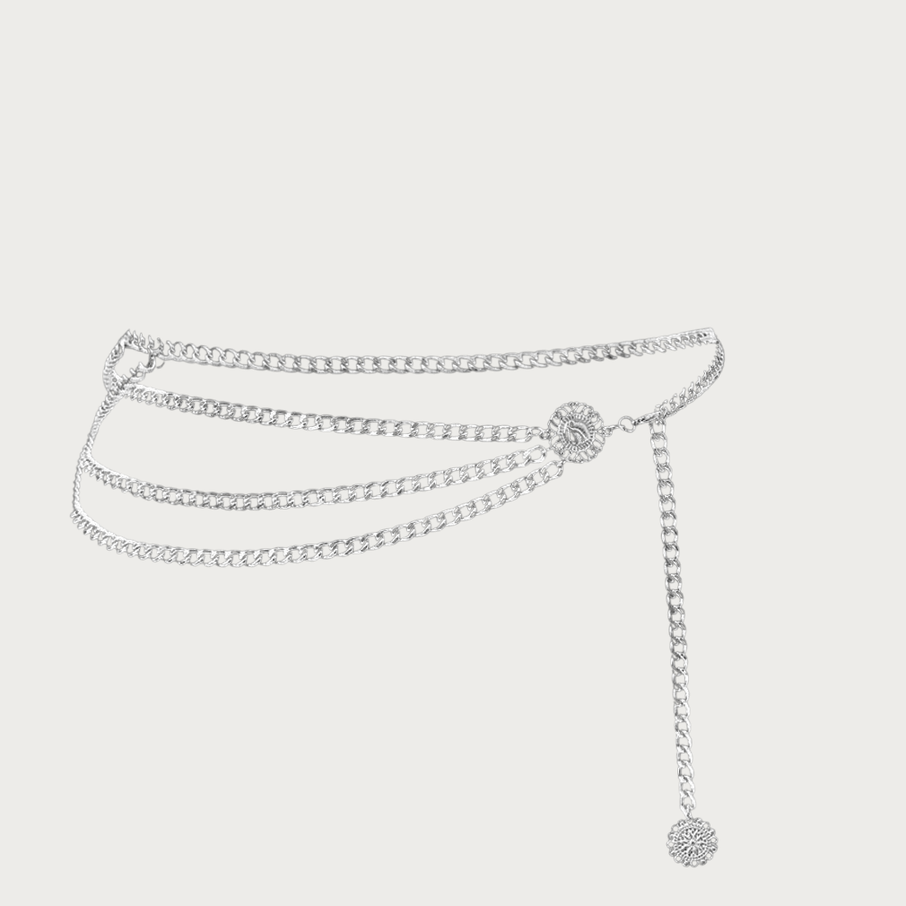 Ceinture chaîne de corps Ceintura argentée à plusieurs rangs avec détail ornemental rond pour femme