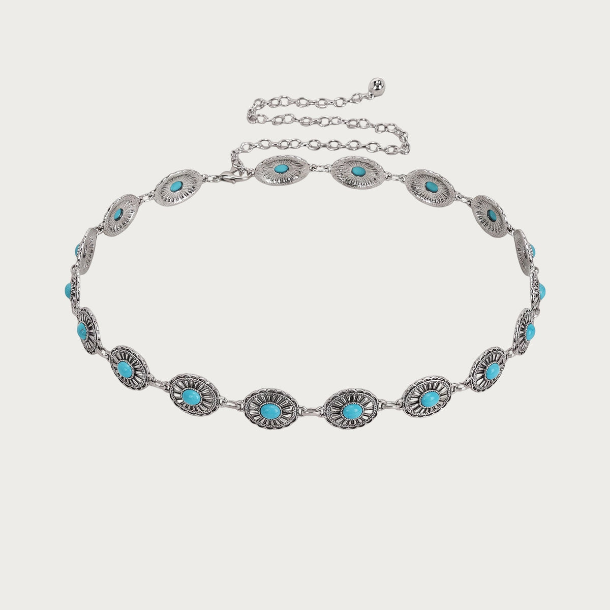 Ceinture chaîne bohème Ceintura Preziosa argentée disposée en ovale, chaînette de réglage repliée en haut Image