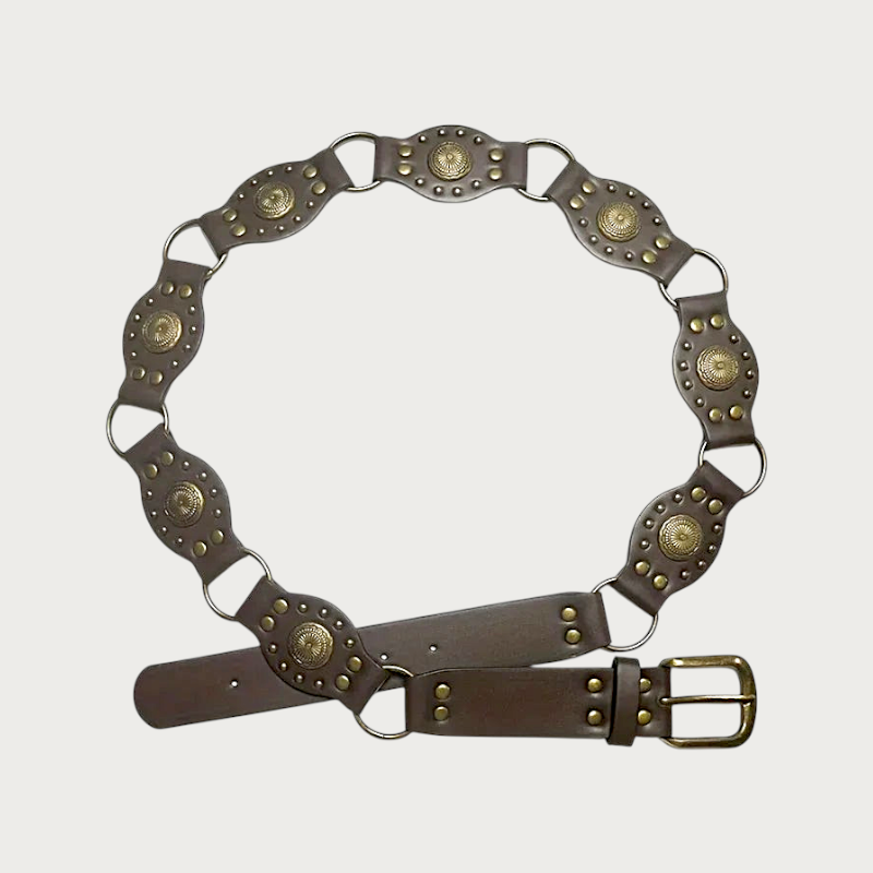 Ceinture chaîne Ceintura Gubbio marron en similicuir avec médaillons ronds gravés et clous dorés style western