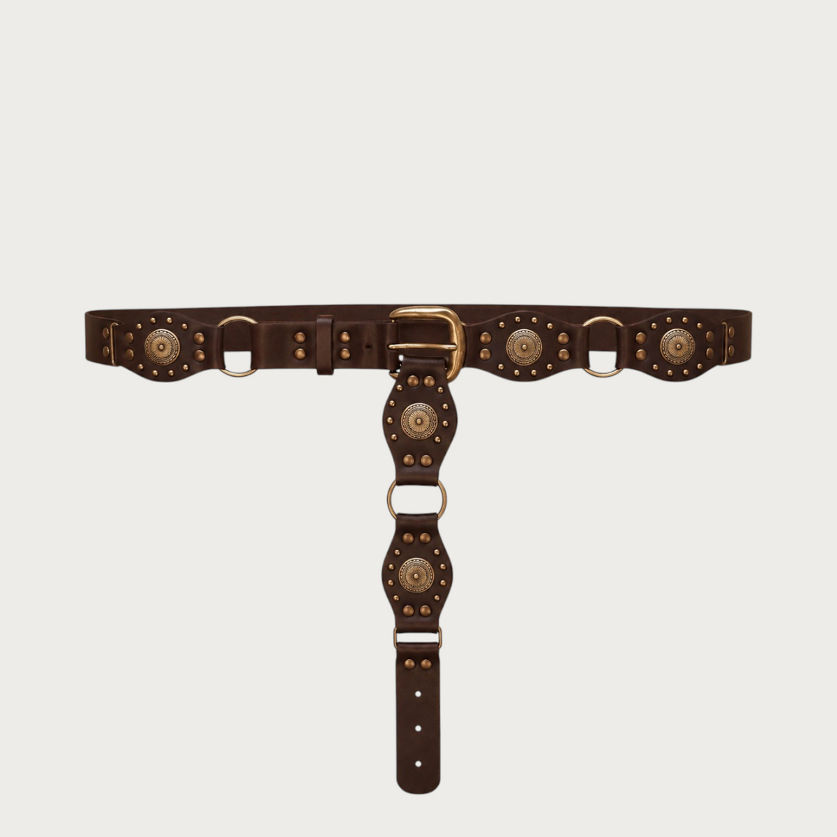 Ceinture chaîne Ceintura Gubbio marron foncé en similicuir avec médaillons ronds gravés et clous dorés style western