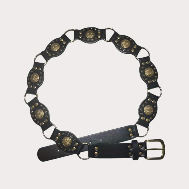 Ceinture chaîne Ceintura Gubbio noire en similicuir avec médaillons ronds gravés et clous dorés style western