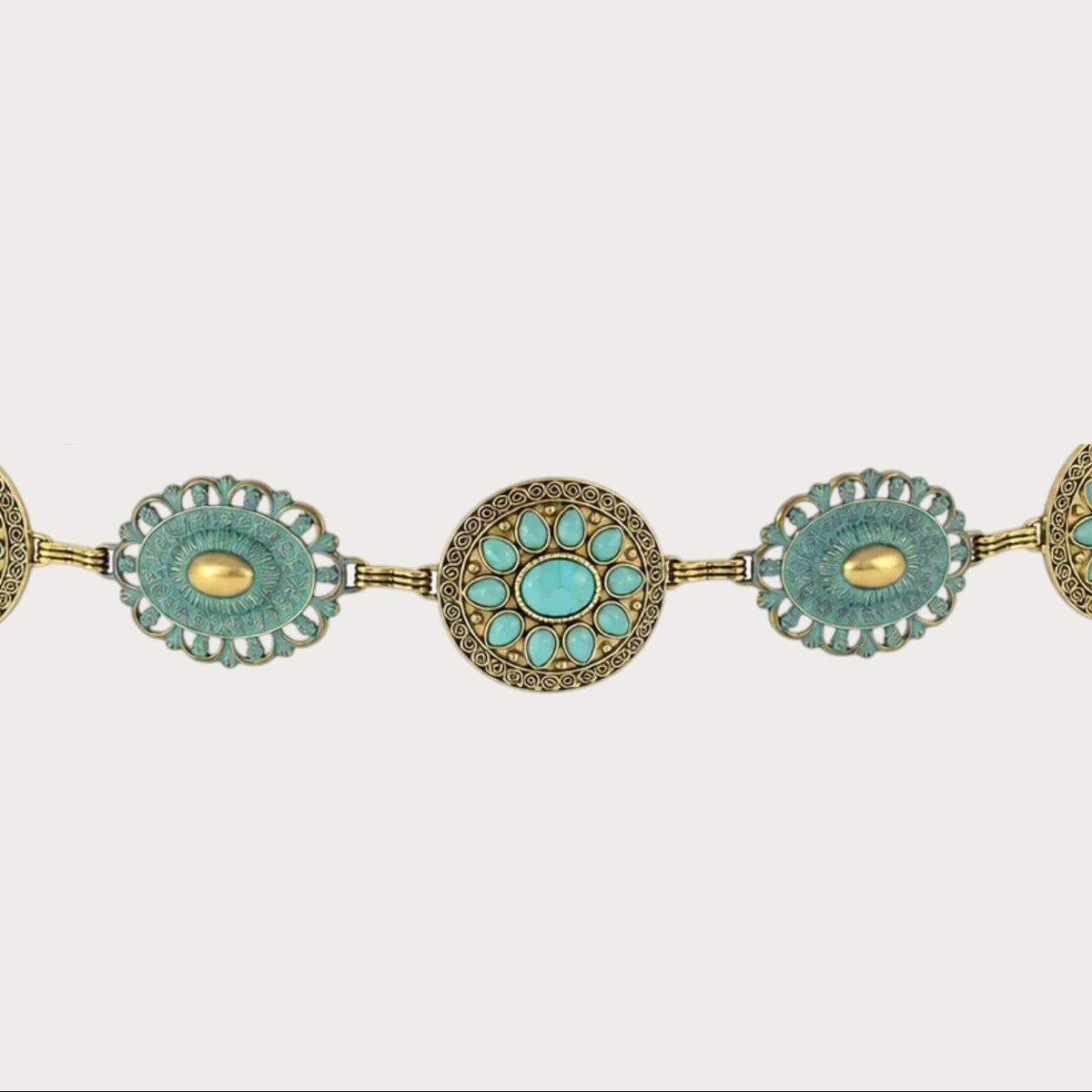 Ceinture chaîne Ceintura style western bohème avec médaillons dorés patinés et cabochons imitation turquoise