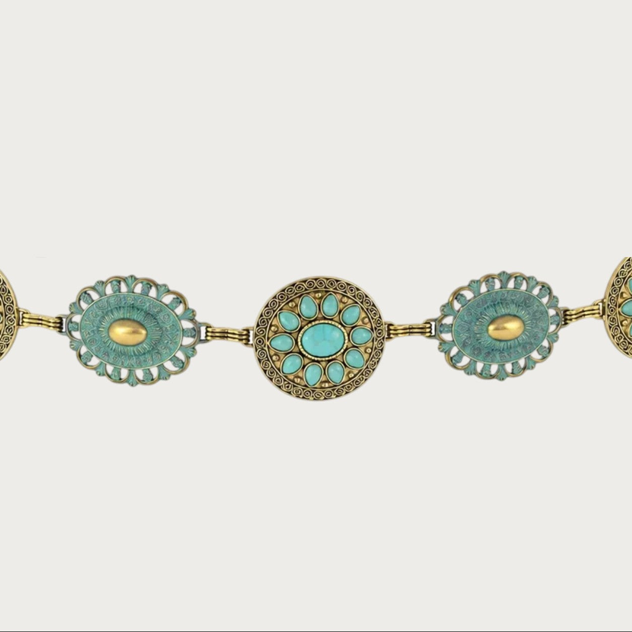 Ceinture chaîne Ceintura style western bohème avec médaillons dorés patinés et cabochons imitation turquoise Image