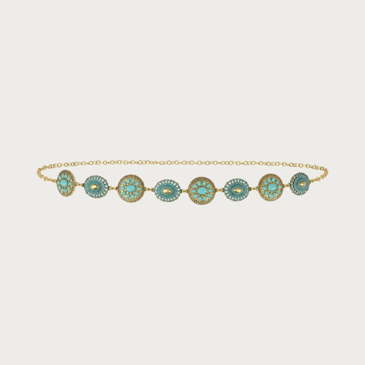 Ceinture chaîne Ceintura style western bohème avec médaillons dorés patinés et cabochons turquoise