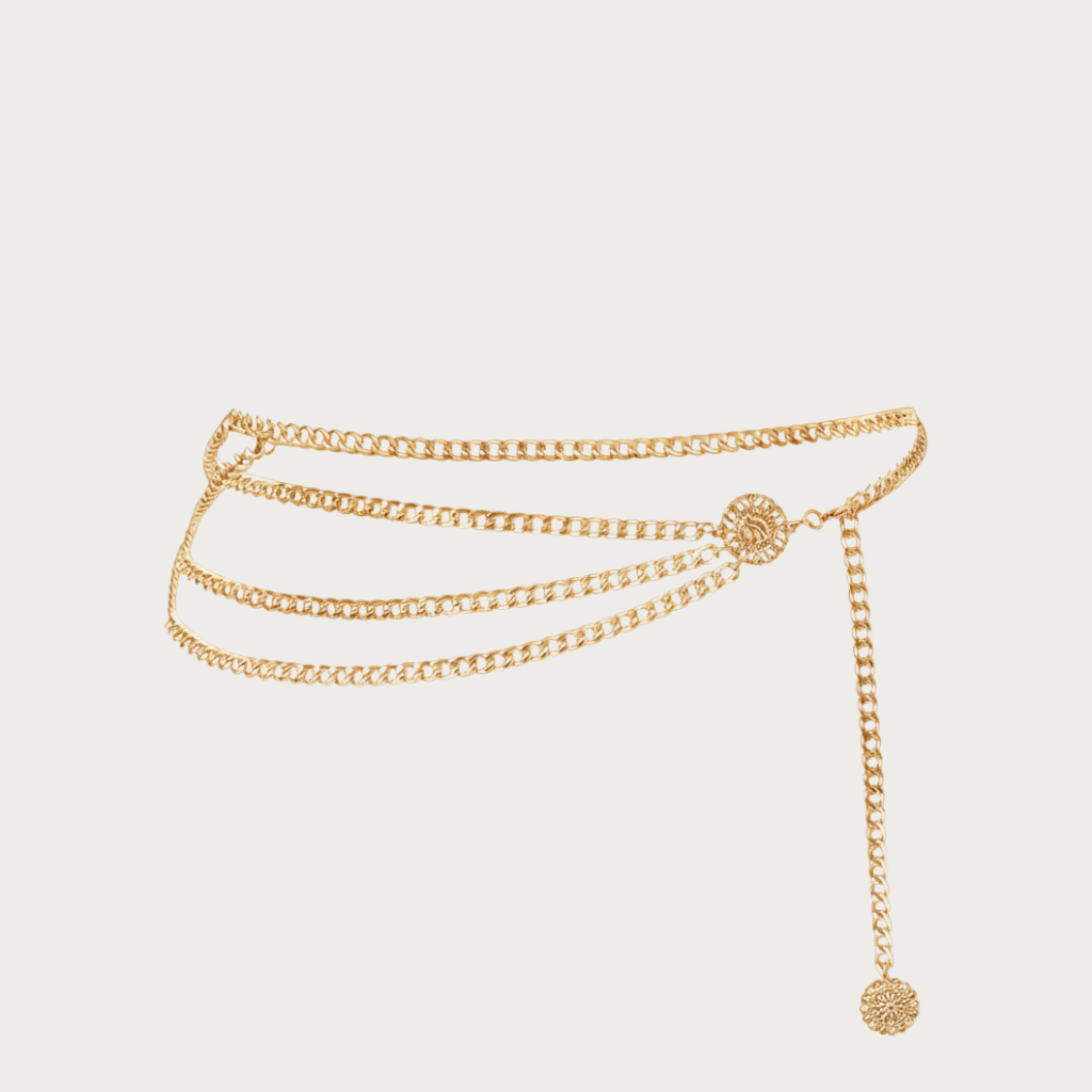 Ceinture chaîne de taille dorée multicouche Ceintura avec pendentifs ronds décoratifs en métal Image