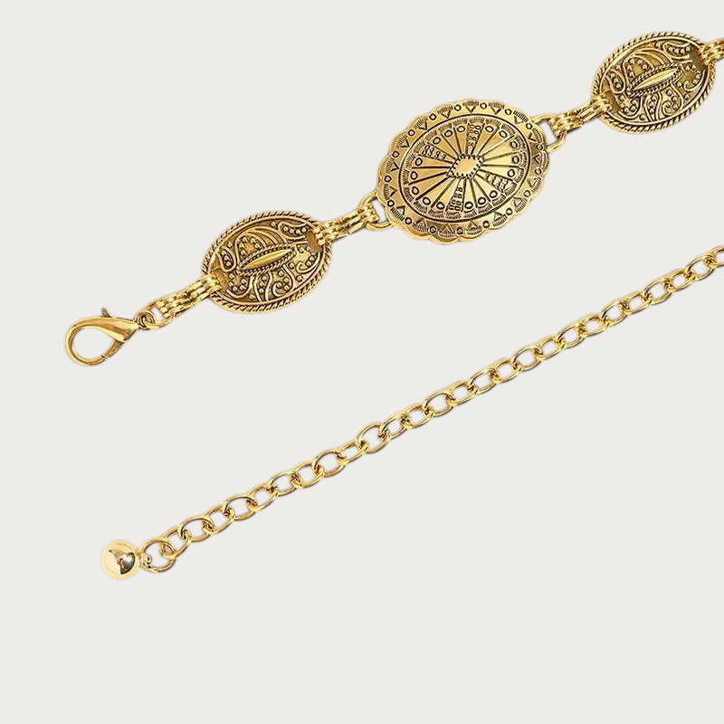 Ceintura ceinture chaîne dorée vintage avec médaillons circulaires gravés et fermoir mousqueton