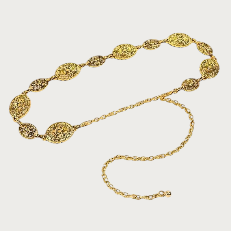 Ceintura ceinture chaîne dorée vintage avec des médaillons circulaires gravés en métal pour femme