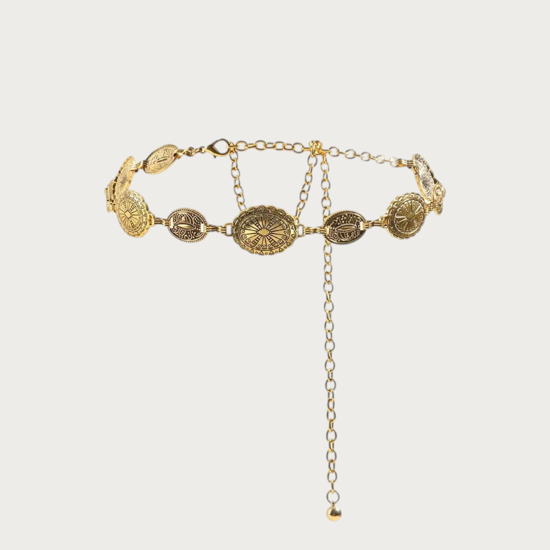 Ceintura ceinture chaîne dorée vintage en métal avec des médaillons circulaires gravés pour femme
