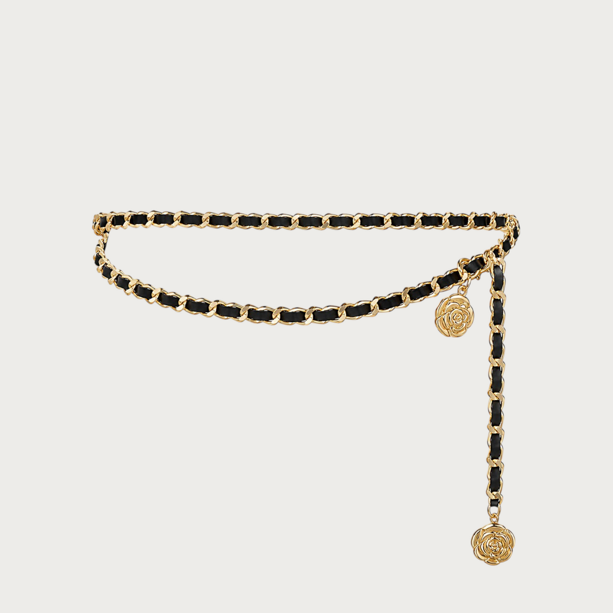 Ceintura ceinture chainette dorée et similicuir noir avec pendentifs fleurs pour femme