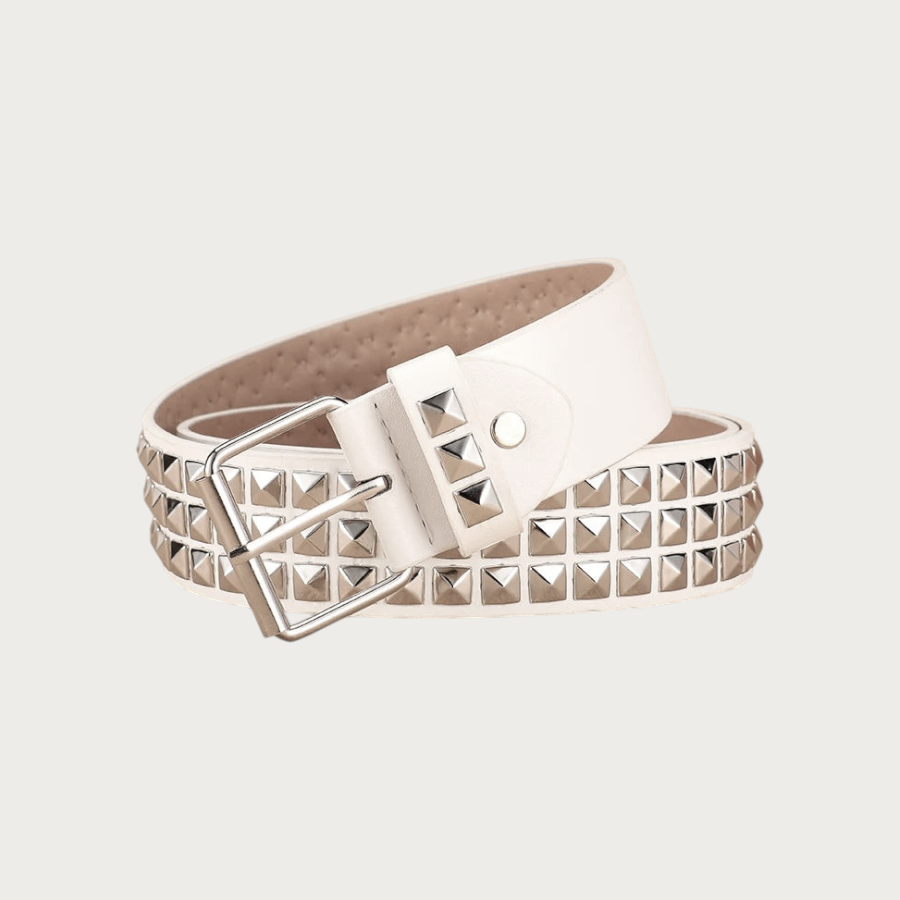 Ceinture Ceintura Mantoue blanche enroulée en cercle serré, boucle argentée et clous pyramidaux