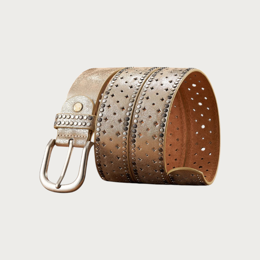 Ceinture Ceintura Stresa dorée en similicuir vieilli avec motifs ajourés en losange et clous ronds, boucle ovale.