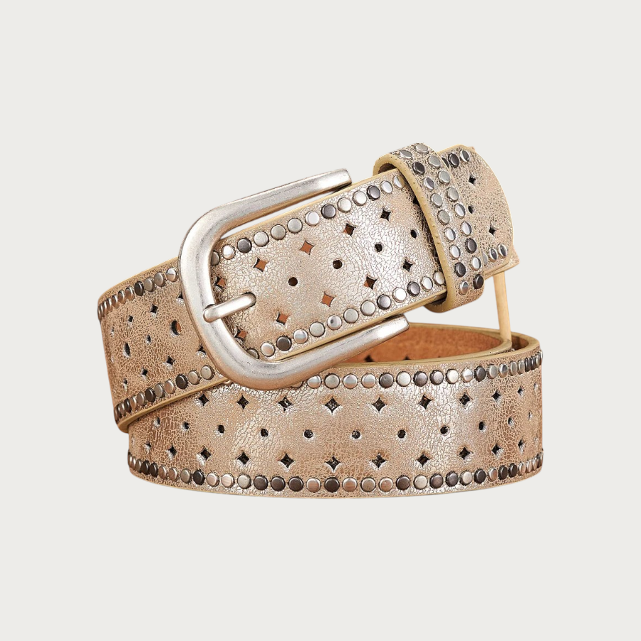 Ceinture Ceintura Stresa dorée en similicuir vieilli avec motifs ajourés en losange et clous ronds, boucle western