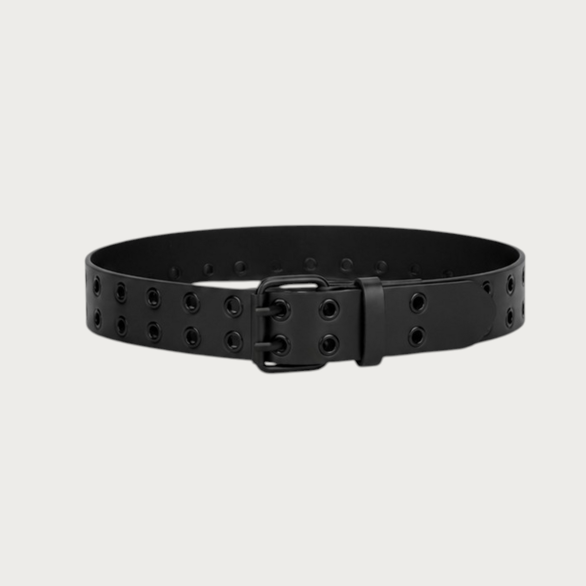 Ceinture Ceintura Bergame noire vue de trois quarts, boucle double ardillon noire mate et œillets alignés Image