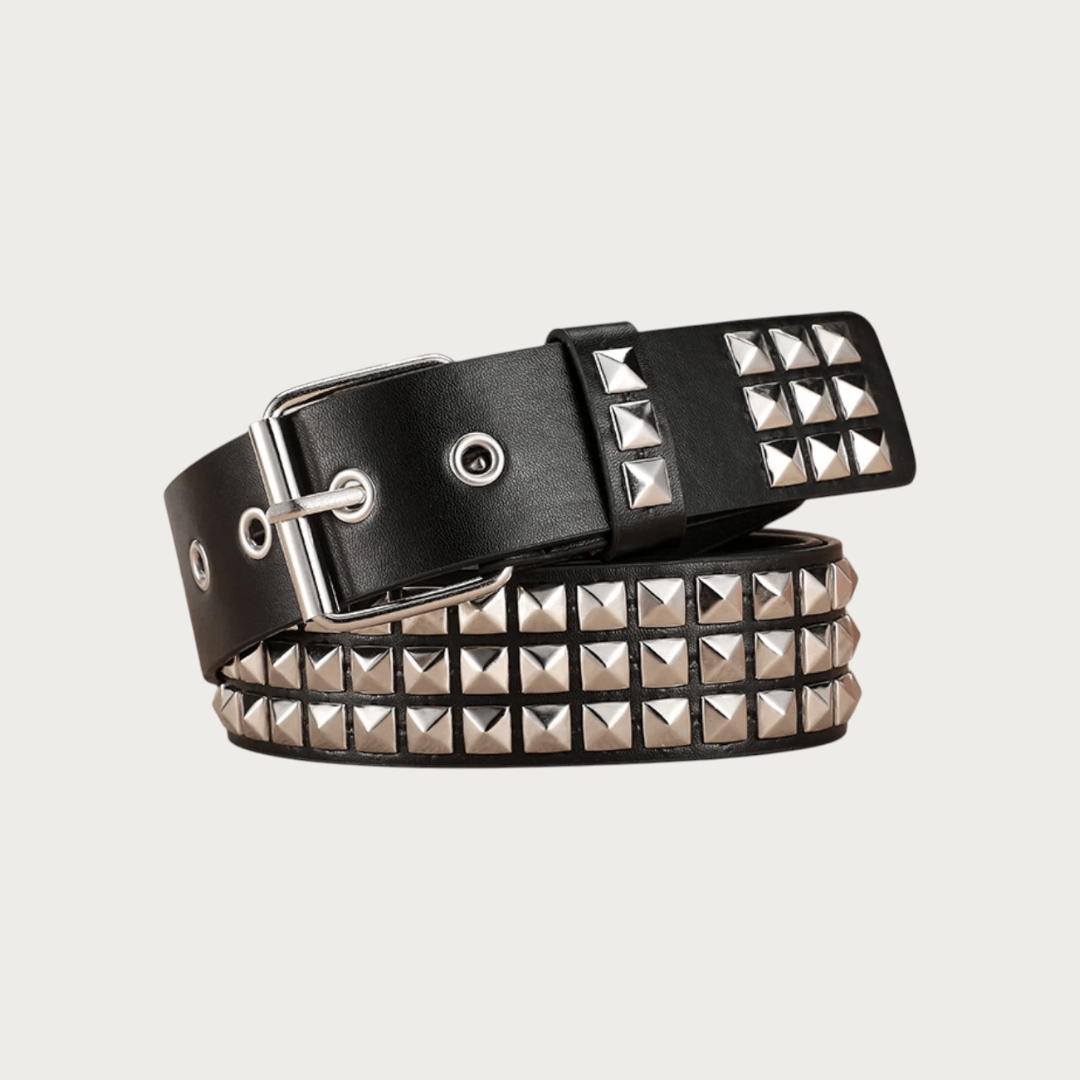 Ceinture Ceintura Mantoue noire enroulée en spirale, boucle argentée en haut et clous pyramidaux