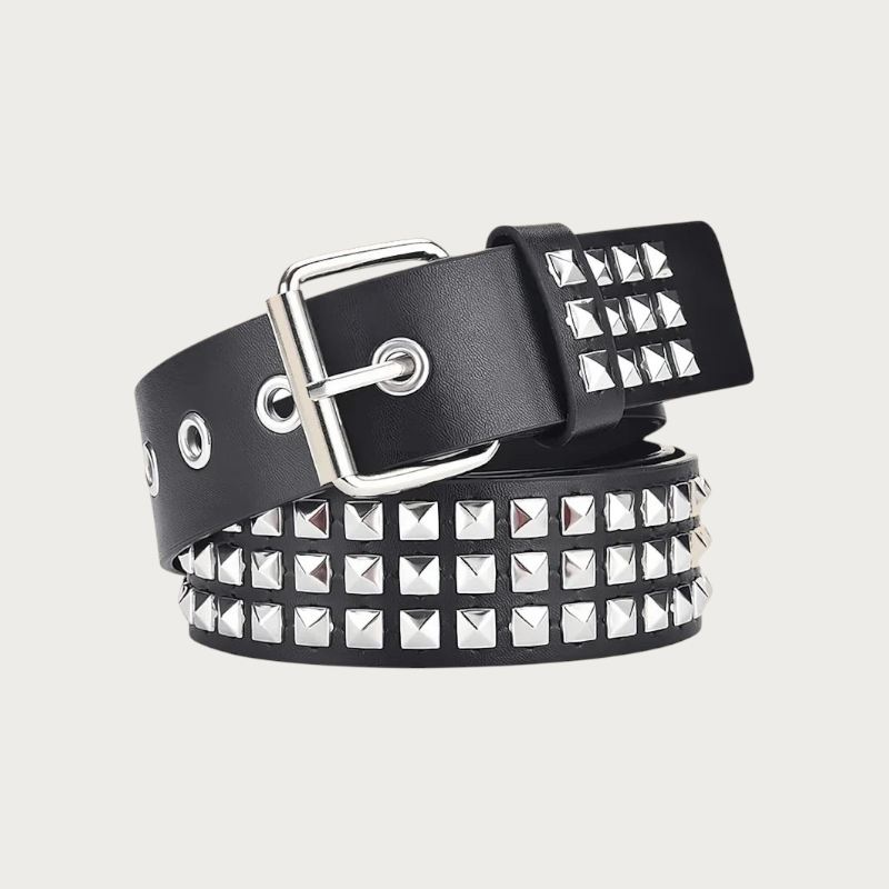 Ceinture Ceintura Mantoue noire enroulée, boucle argentée et trois rangées de clous pyramidaux