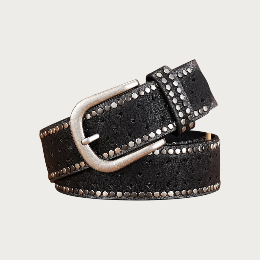 Ceinture Ceintura Stresa noire en similicuir vieilli avec clous ronds et perforations en losange, boucle western.