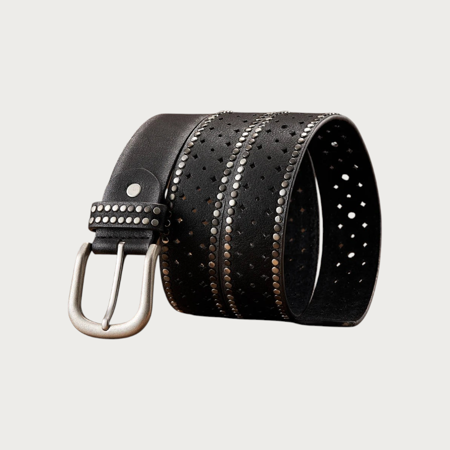 Ceinture Ceintura Stresa noire en similicuir vieilli avec motifs ajourés en losange et clous ronds argentés