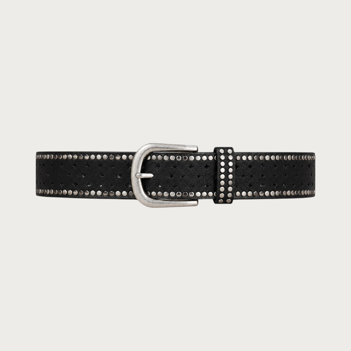 Ceinture Ceintura Stresa noire en similicuir vieilli avec motifs ajourés en losange et clous ronds, boucle ovale.