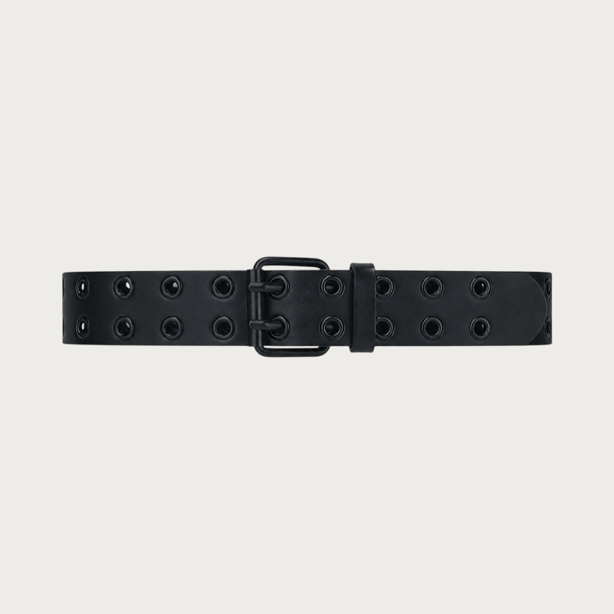 Ceinture Ceintura Bergame noire déployée à plat, double rangée d'œillets et boucle double ardillon noire