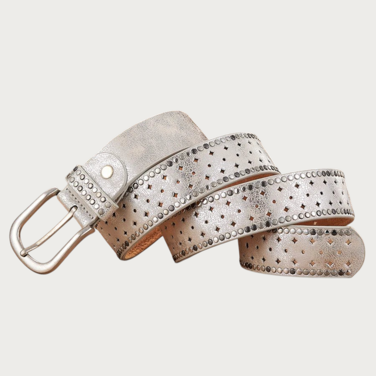 Ceinture Ceintura Stresa vintage argentée en similicuir avec motifs ajourés en losange et clous ronds décoratifs