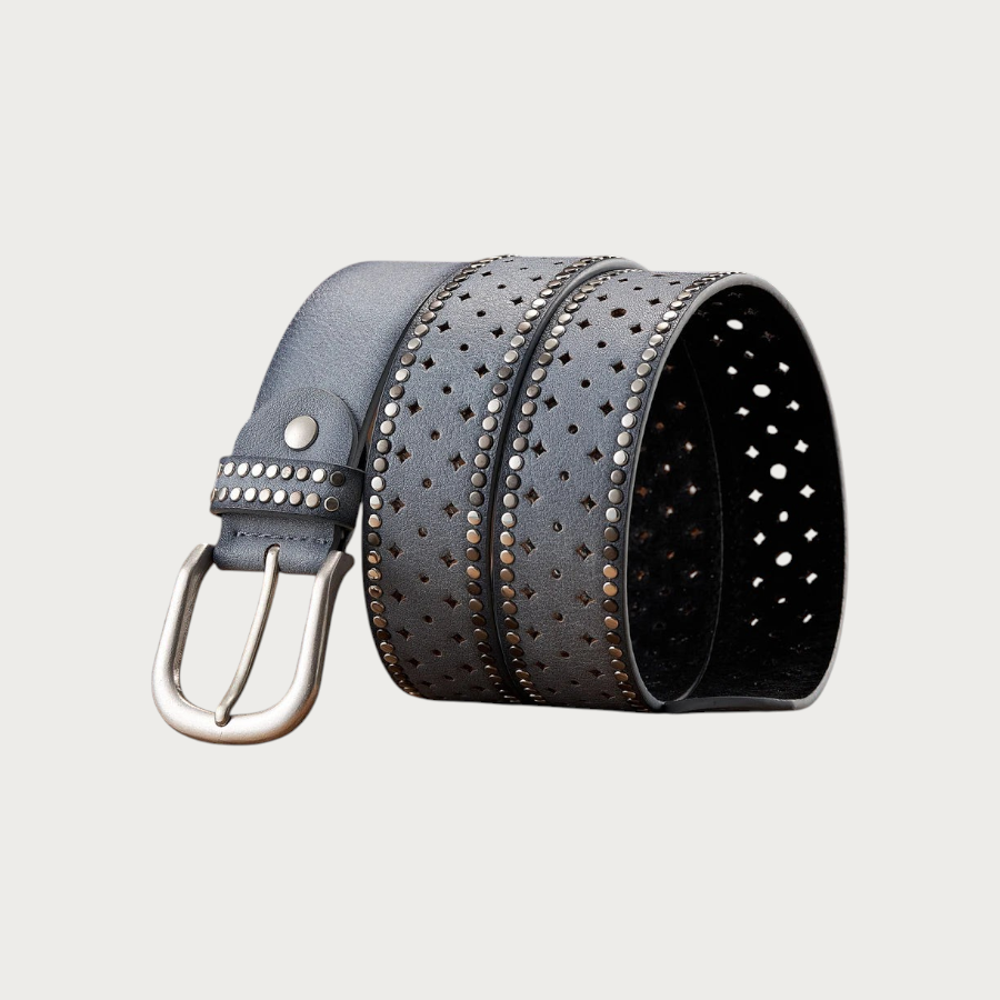 Ceinture Ceintura Stresa grise en similicuir vieilli avec motifs losanges ajourés et clous ronds, boucle western.