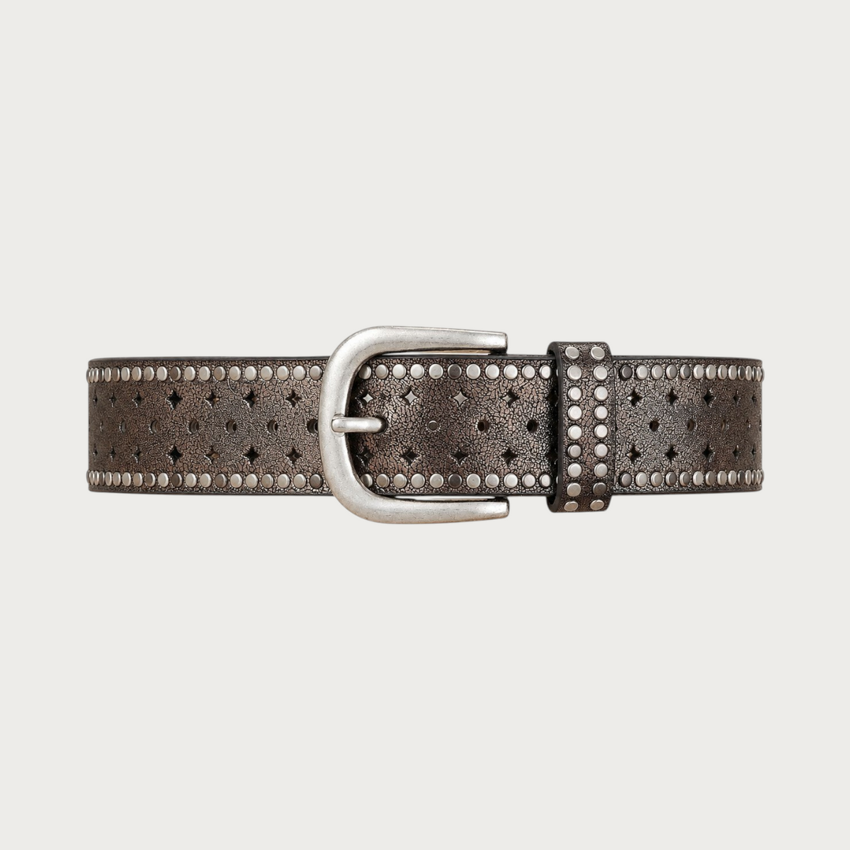 Ceinture Ceintura Stresa vintage en similicuir gris avec motifs ajourés en losange, clous ronds et boucle ovale