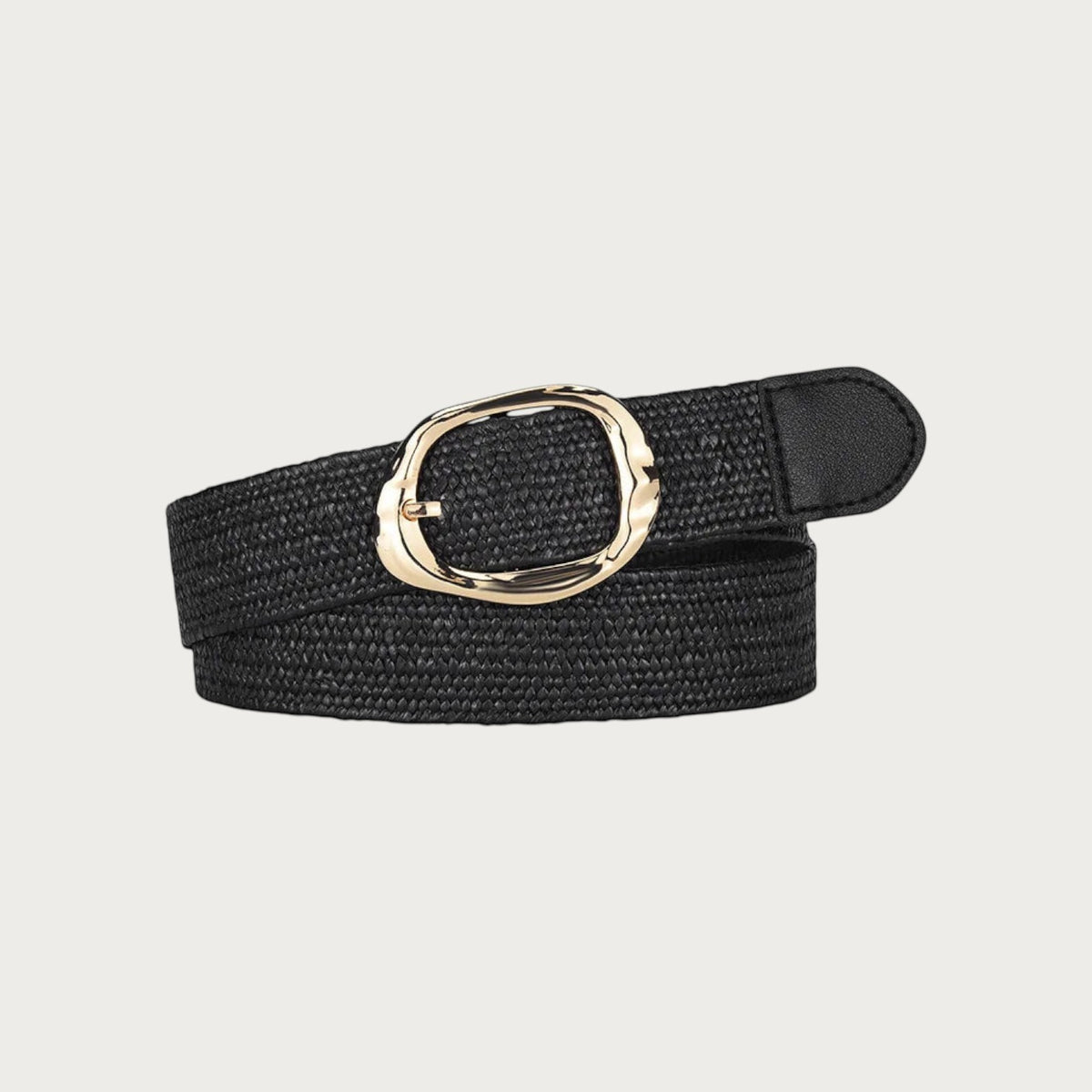 Ceinture Ceintura Stella noire en corde tressée enroulée à plat, boucle ovale dorée et embout en similicuir