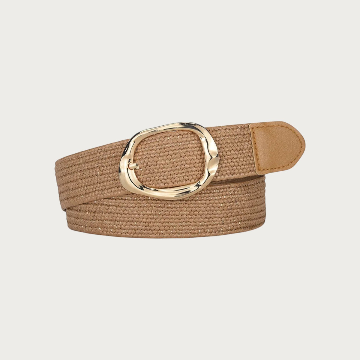 Ceinture Ceintura Stella camel en corde tressée enroulée, boucle ovale dorée martelée et embout assorti
