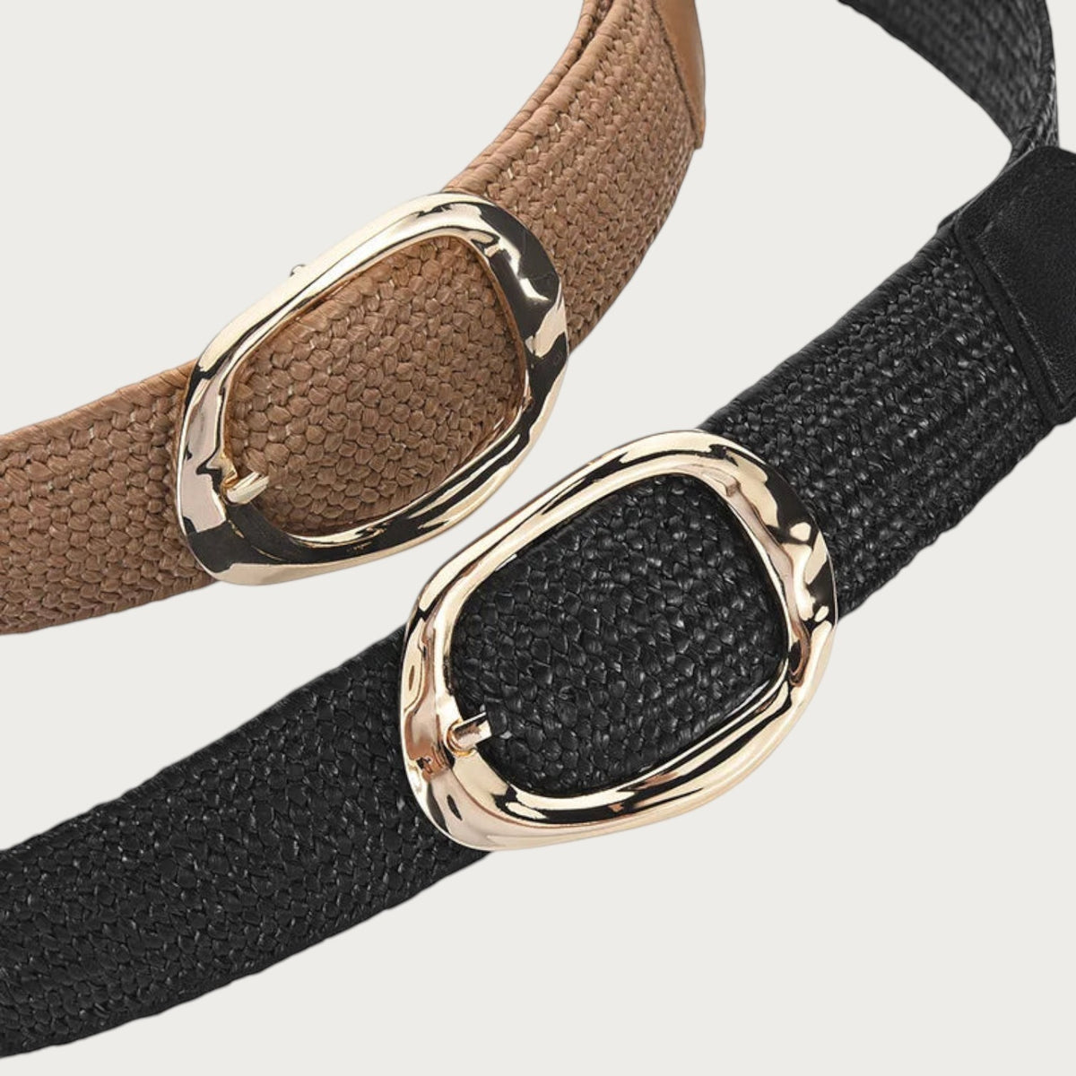 Ceinture Ceintura Stella en corde tressée noire et camel avec boucle ovale dorée martelée pour femme