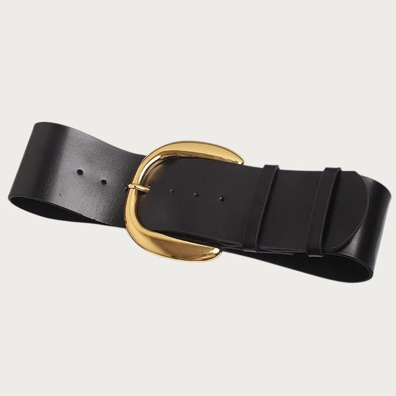 Ceintura large ceinture corset en cuir de vachette noir avec une boucle dorée élégante pour femme Image