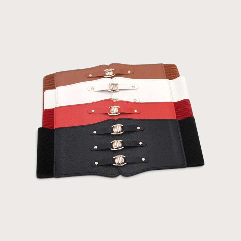 Ceinture corset large Ceintura élastique avec trois boutons dorés, disponible en camel, blanc, rouge et noir.