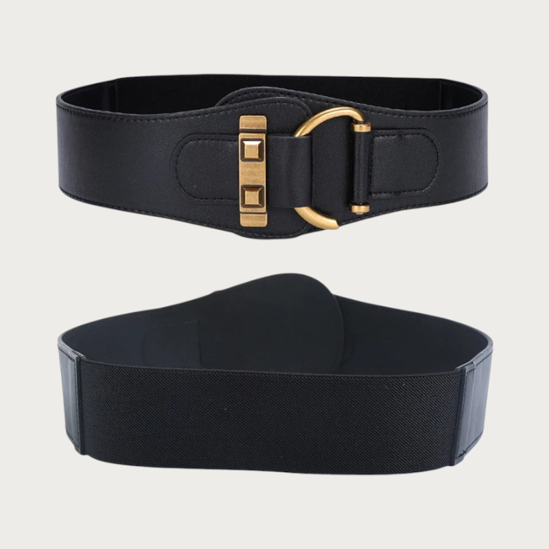 Ceinture corset Ceintura Trieste noire vue de face et de dos, fermoir doré et large bande élastique