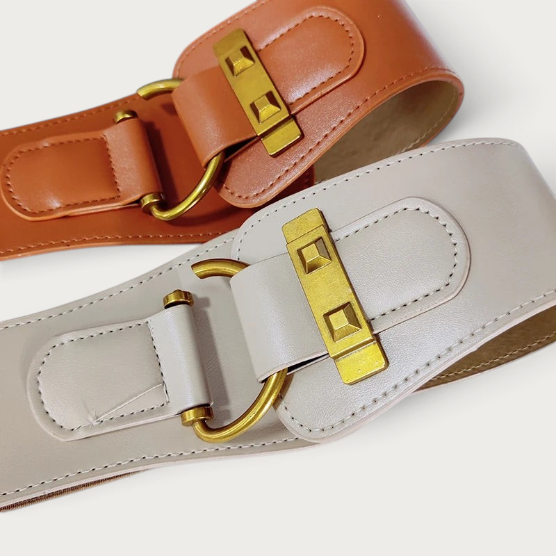 Ceinture corset élastique Ceintura Trieste beige et camel avec fermoir doré rectangulaire et anneau