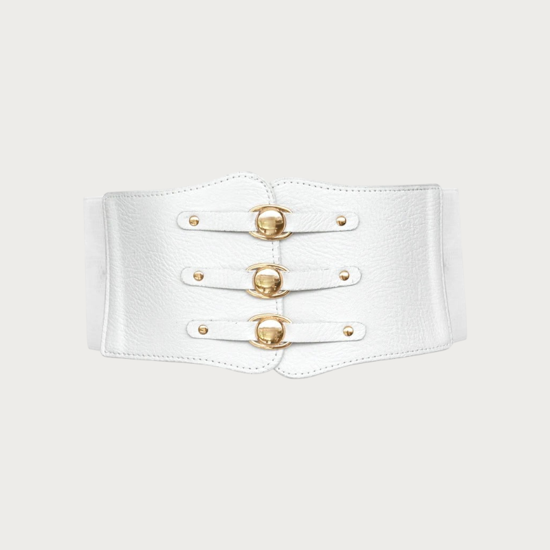 Ceinture corset large blanche Ceintura avec trois boutons dorés ovales, style structuré et élastique
