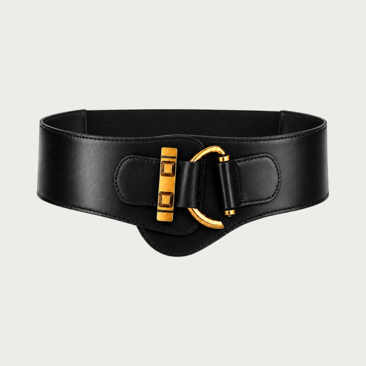 Ceinture corset Ceintura Trieste noire vue de face, large bande souple et fermoir doré rectangulaire à anneau