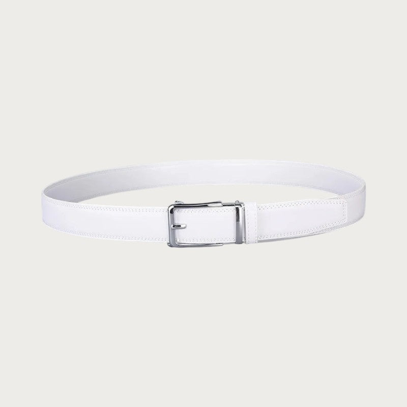 Ceinture de costume Ceintura Ercole blanche vue de trois quarts, boucle automatique rectangulaire argentée