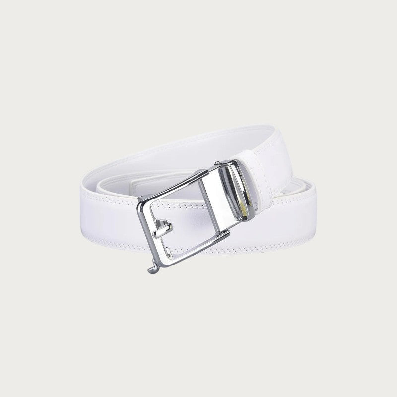 Ceinture de costume Ceintura Ercole blanche enroulée, boucle automatique argentée vue de trois quarts