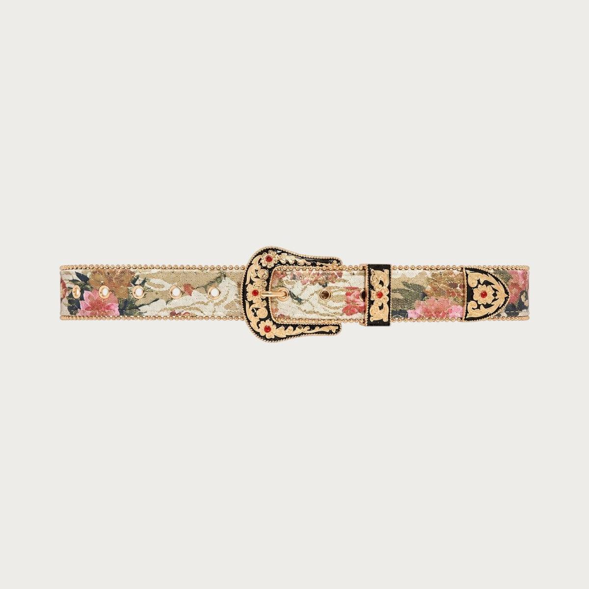 Ceinture cowboy Ceintura Isabella en brocart floral rosé déployée à plat, boucle bijou dorée ciselée