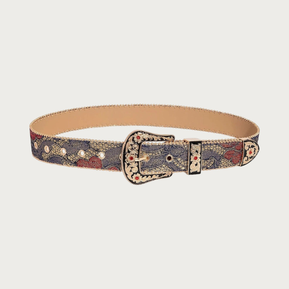 Ceinture cowboy Ceintura Isabella en brocart floral bleu nuit enroulée, boucle bijou dorée et doublure beige