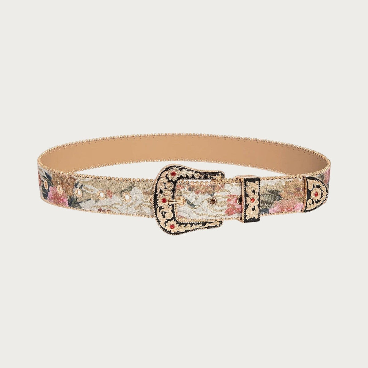 Ceinture cowboy Ceintura Isabella en brocart floral avec boucle bijou dorée ciselée, strass rouges et similicuir