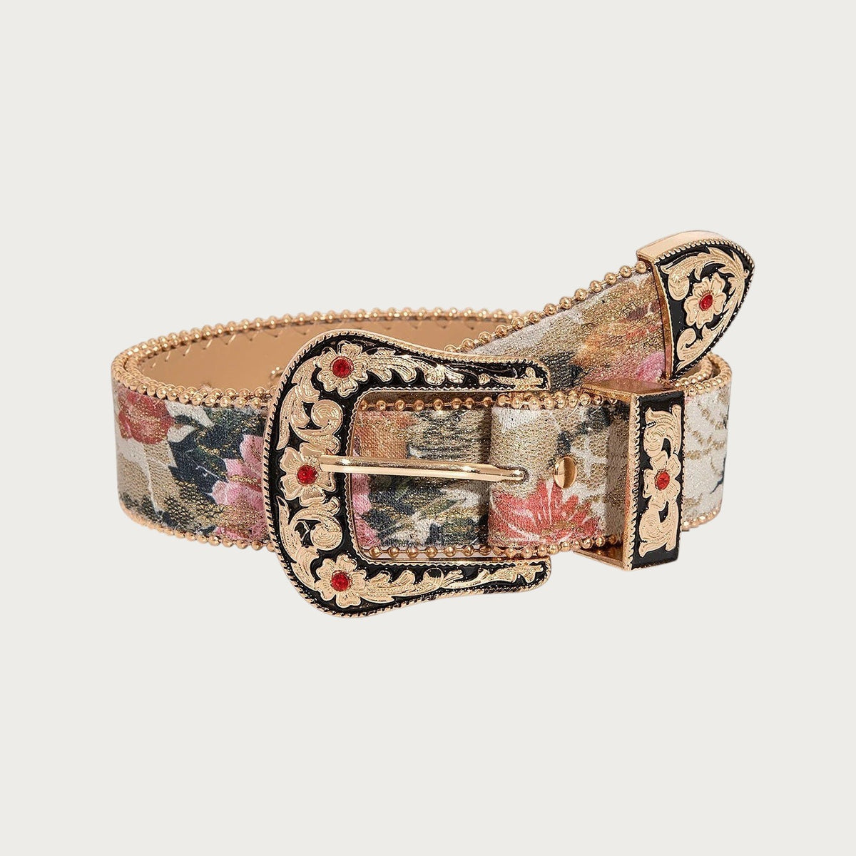 Ceinture cowboy Ceintura Isabella en brocart floral avec boucle bijou dorée, strass rouges et détails ciselés