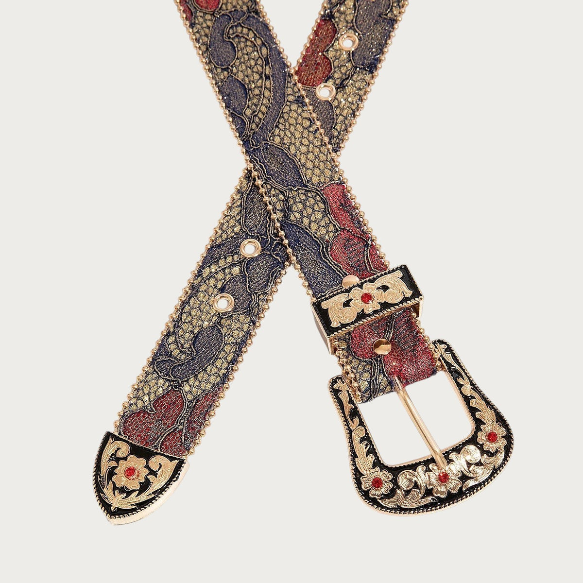 Deux sangles en brocart floral bleu nuit et rouge de la ceinture Ceintura Isabella croisées en X