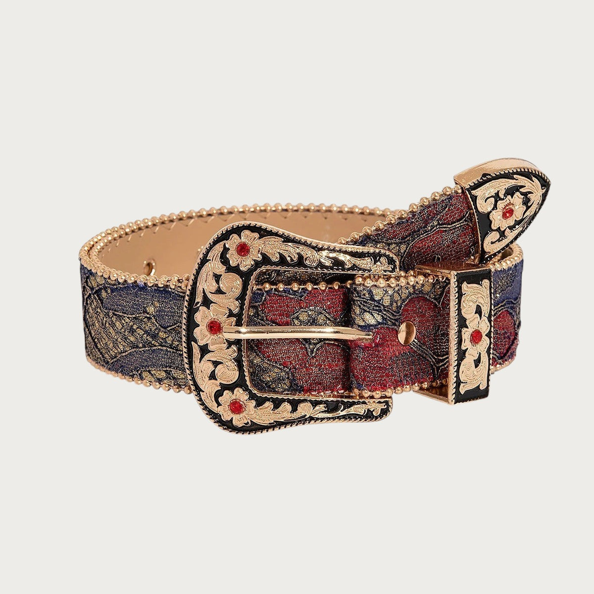 Ceinture cowboy Ceintura Isabella en brocart floral avec boucle bijou dorée, strass rouges et détails ciselés.