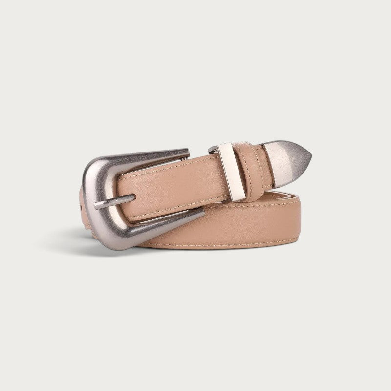 Ceinture Ceintura pour femme en cuir beige avec boucle métallique argentée élégante