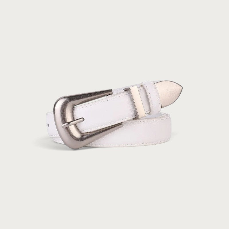 Ceinture Ceintura pour femme en cuir blanc avec une boucle ardillon en métal argenté au design élégant Image