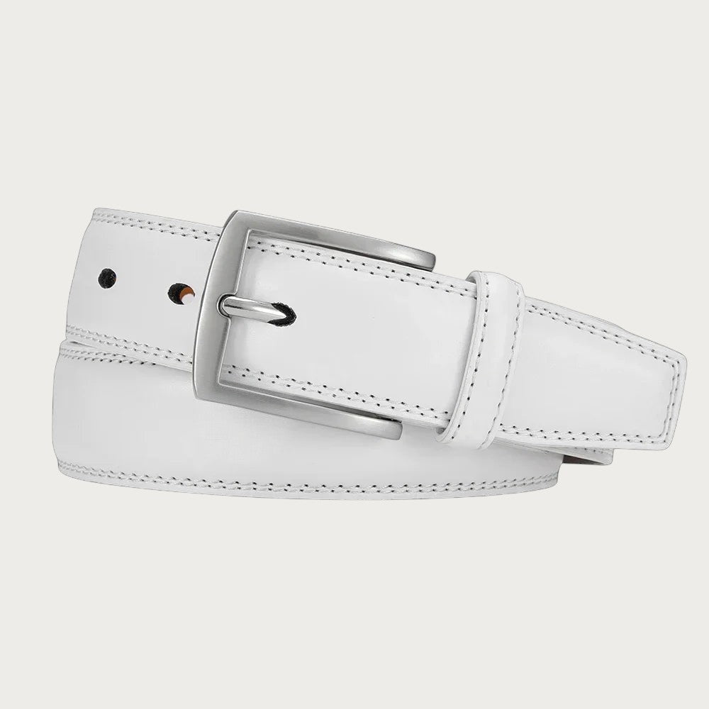 Ceintura ceinture homme en cuir blanc avec boucle ardillon en métal argenté, style élégant et ajustable.