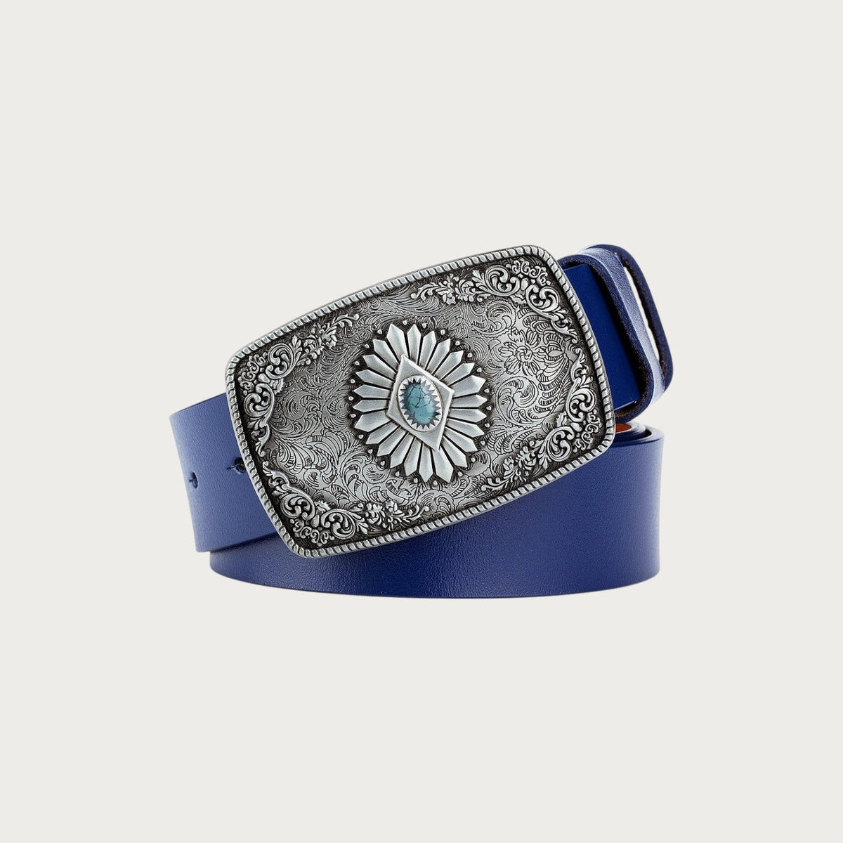 Ceinture Ceintura en cuir bleu avec une large boucle rectangulaire argentée ciselée et un détail en pierre turquoise