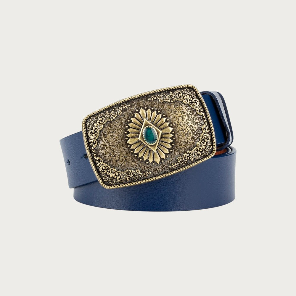 Ceinture Ceintura Taranto en cuir bleu avec une large boucle western dorée ciselée et une pierre turquoise centrale