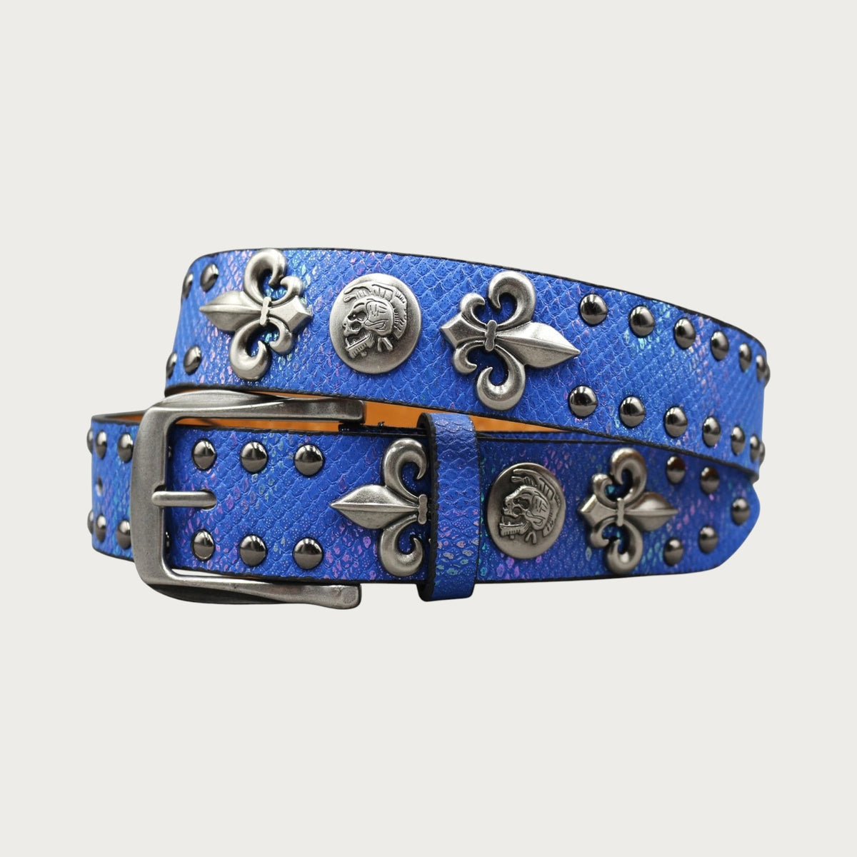 Ceinture Ceintura style Y2K en similicuir bleu irisé avec rivets, clous et ornements métalliques en forme de croix